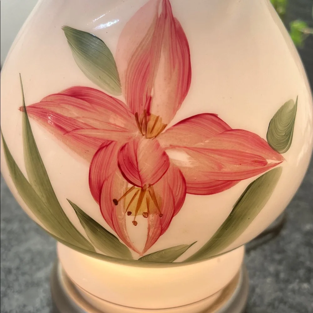 Mid Century Vintage painted Floral Glass Lamp with Pink and Green Accents.